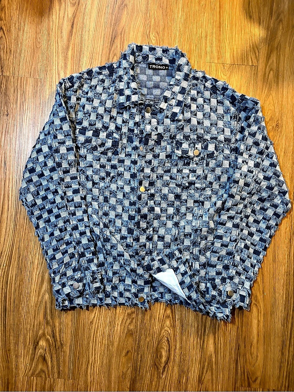 Trono Checkered Denim Jacket in Blue & White